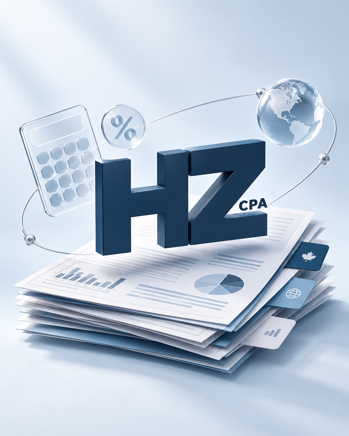 HZ CPA Logo 与税务报表、计算器和地球组成的立体税务规划图案